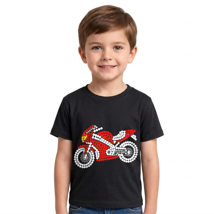 Motocykl z kropek - dzień kropki - dziecięca koszulka na prezent