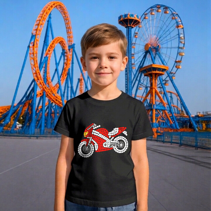 Motocykl z kropek - dzień kropki - dziecięca koszulka na prezent