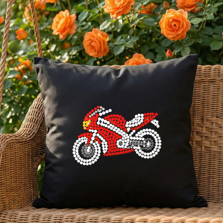 Motocykl z kropek - dzień kropki - czarna poduszka na prezent