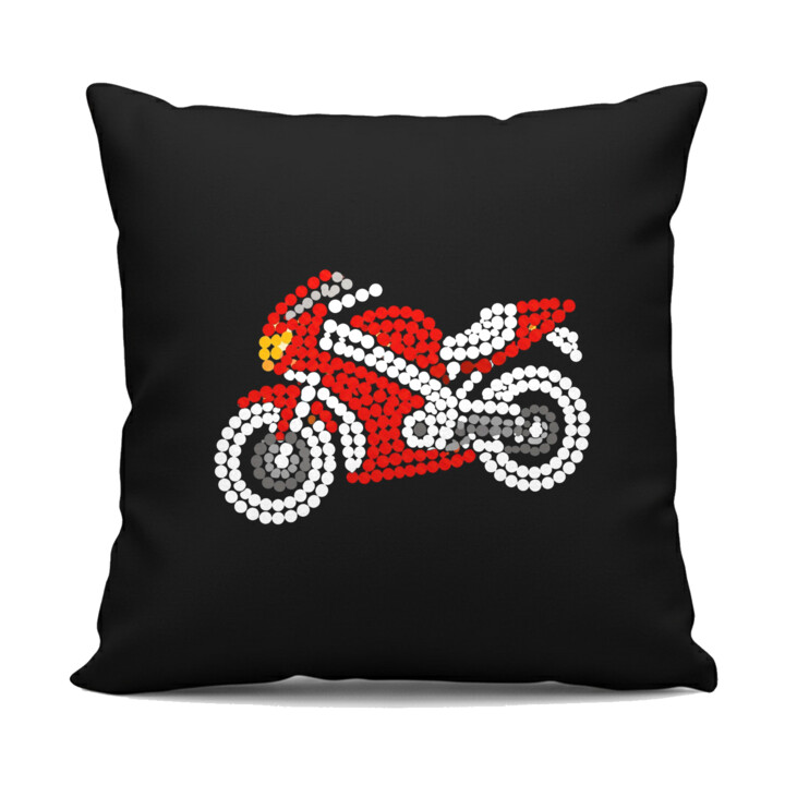 Motocykl z kropek - dzień kropki - czarna poduszka na prezent