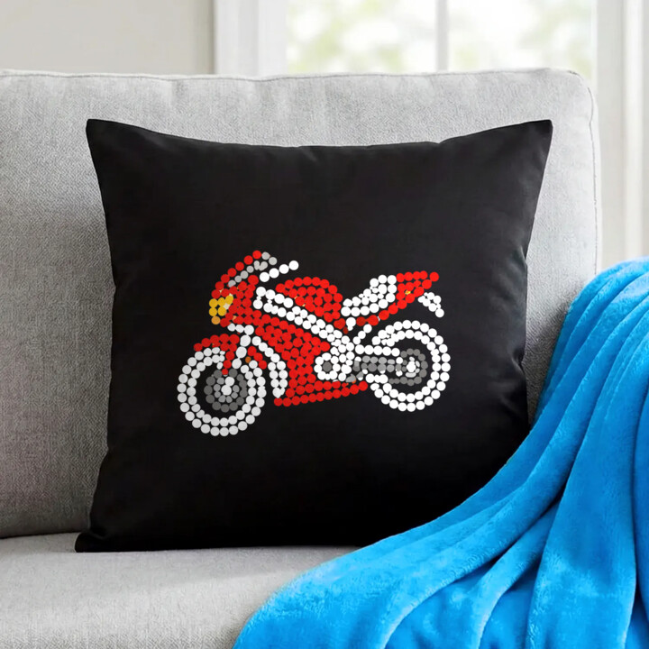 Motocykl z kropek - dzień kropki - czarna poduszka na prezent