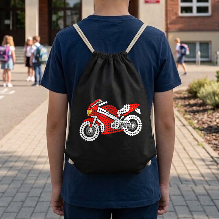 Motocykl z kropek - dzień kropki - worko-plecak na prezent