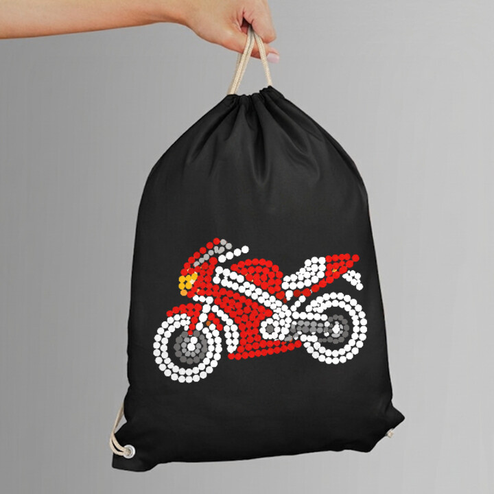 Motocykl z kropek - dzień kropki - worko-plecak na prezent