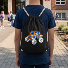 Auto z klocków z kropek - dzień kropki - worko-plecak na prezent - inspirowane LEGO Technic