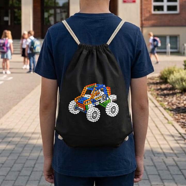 Auto z klocków z kropek - dzień kropki - worko-plecak na prezent - inspirowane LEGO Technic
