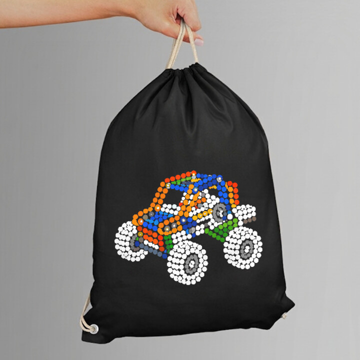 Auto z klocków z kropek - dzień kropki - worko-plecak na prezent - inspirowane LEGO Technic