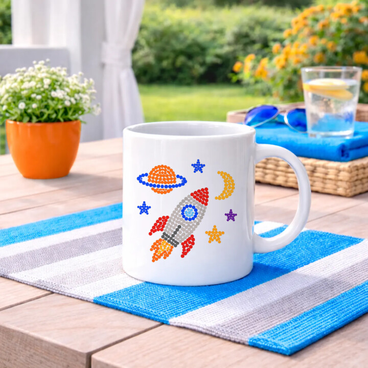 Rakieta i kosmos z kropek - dzień kropki - kubek na prezent