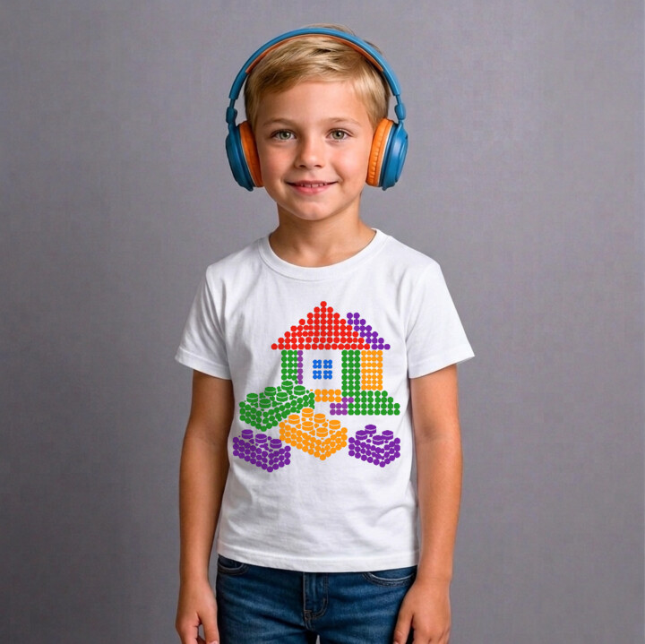 Domek z klocków z kropek - dzień kropki - dziecięca koszulka na prezent - inspirowane klockami LEGO