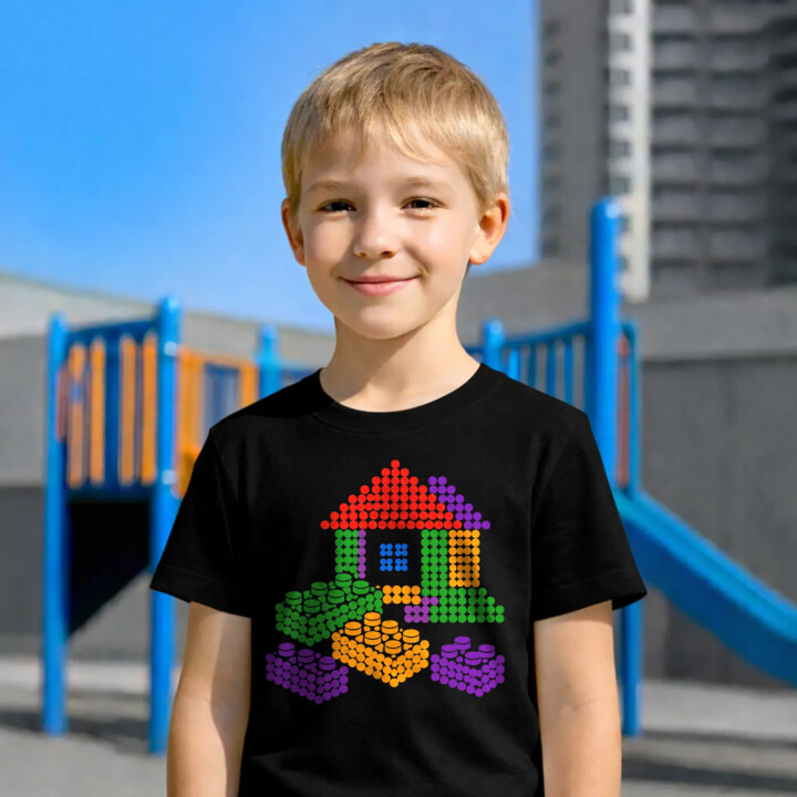 Domek z klocków z kropek - dzień kropki - dziecięca koszulka na prezent - inspirowane klockami LEGO
