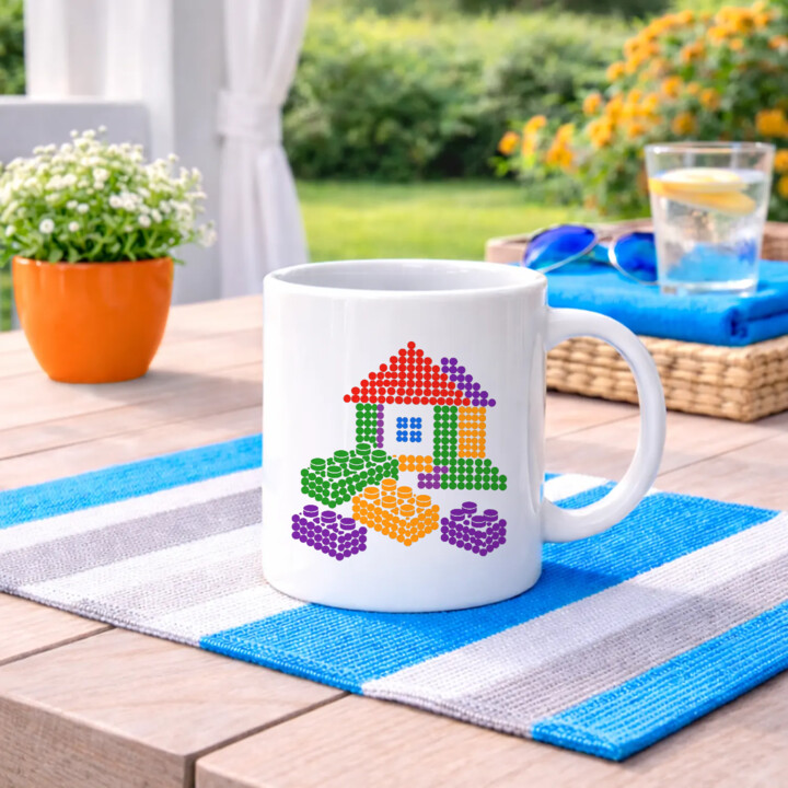 Domek z klocków z kropek - dzień kropki - kubek na prezent - inspirowane klockami LEGO
