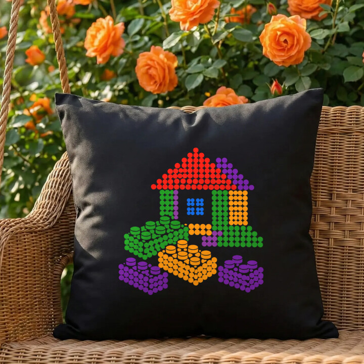 Domek z klocków z kropek - dzień kropki - czarna poduszka na prezent - inspirowane klockami LEGO
