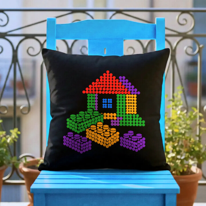 Domek z klocków z kropek - dzień kropki - czarna poduszka na prezent - inspirowane klockami LEGO