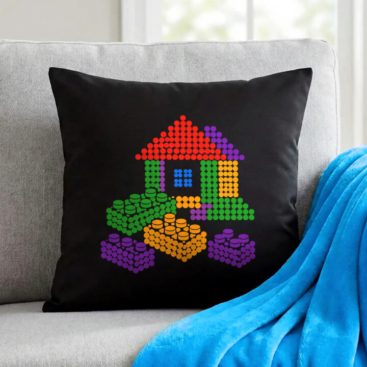 Domek z klocków z kropek - dzień kropki - czarna poduszka na prezent - inspirowane klockami LEGO