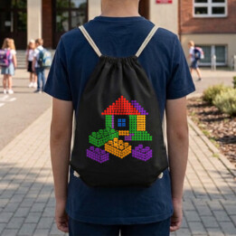 Domek z klocków z kropek - dzień kropki - worko-plecak na prezent - inspirowane klockami LEGO