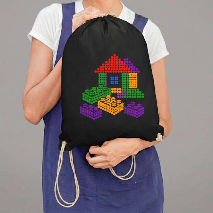 Domek z klocków z kropek - dzień kropki - worko-plecak na prezent - inspirowane klockami LEGO