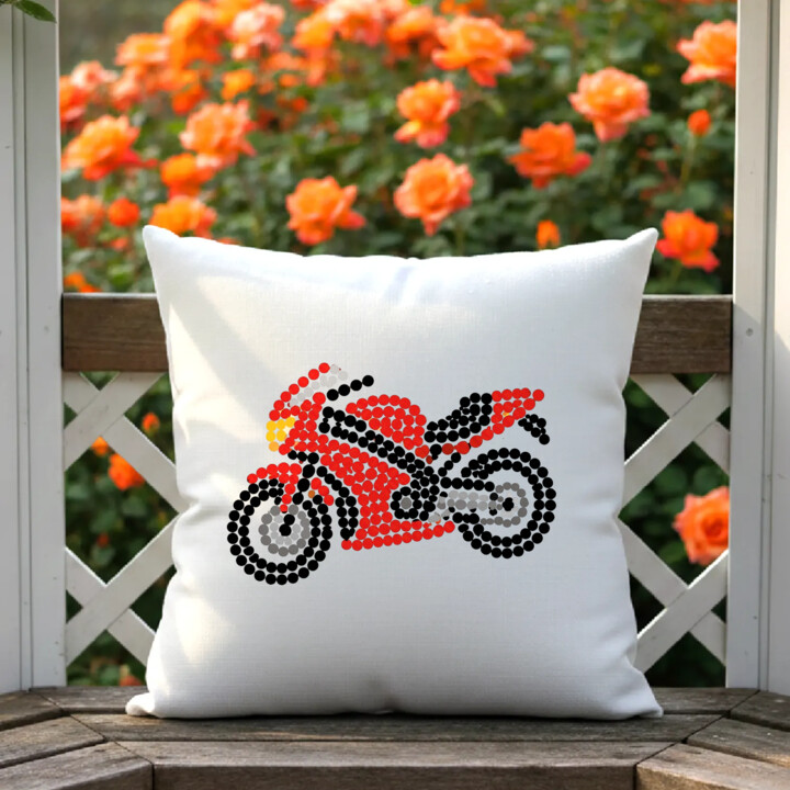 Motocykl z kropek - dzień kropki - poduszka na prezent