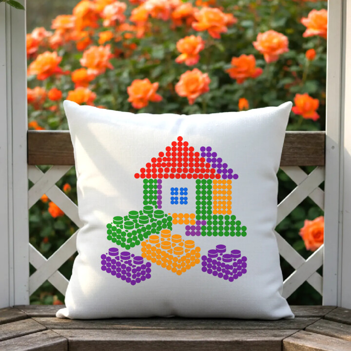 Domek z klocków z kropek - dzień kropki - poduszka na prezent - inspirowane klockami LEGO
