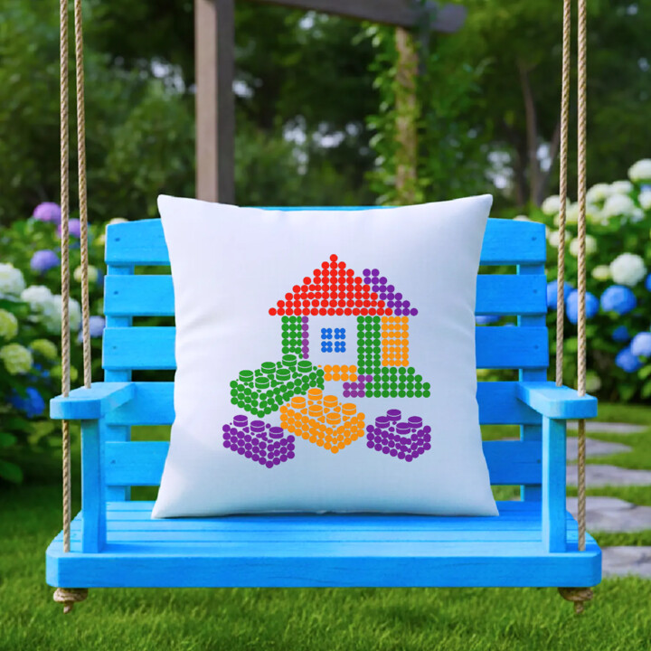 Domek z klocków z kropek - dzień kropki - poduszka na prezent - inspirowane klockami LEGO