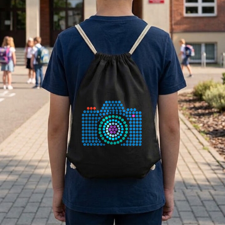 Aparat fotograficzny z kropek - dzień kropki - worko-plecak na prezent
