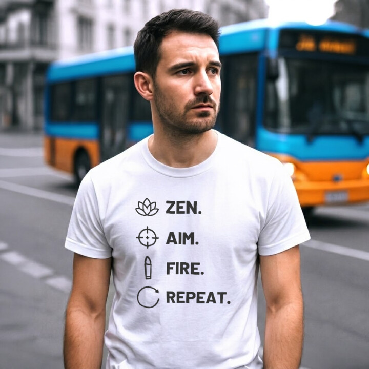 Zen. Aim. Fire. Repeat. - męska koszulka dla strzelca