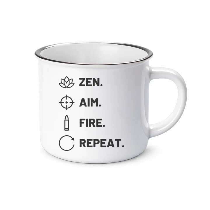 Zen. Aim. Fire. Repeat. - kubek emaliowany dla strzelca