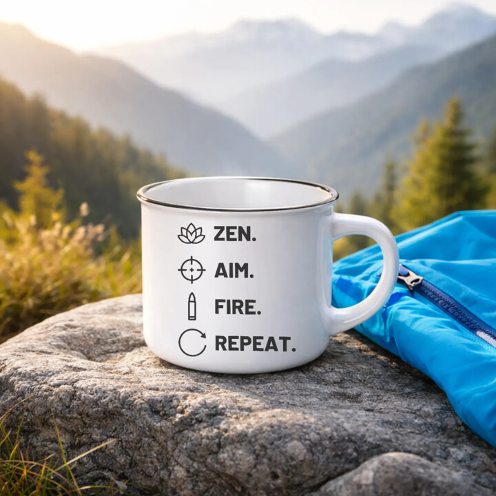 Zen. Aim. Fire. Repeat. - kubek emaliowany dla strzelca