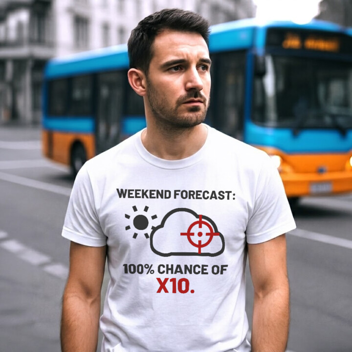 Weekend forecast: 100% chance of X10 - męska koszulka dla strzelca