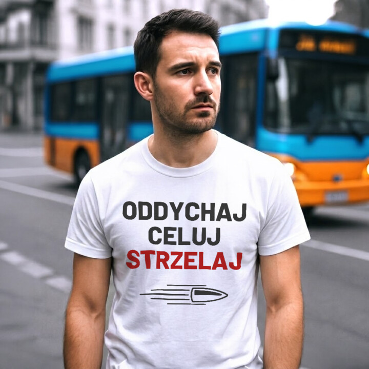 Oddychaj, celuj, strzelaj - męska koszulka dla strzelca