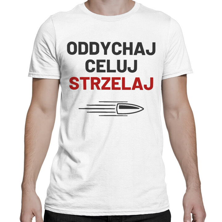 Oddychaj, celuj, strzelaj - męska koszulka dla strzelca