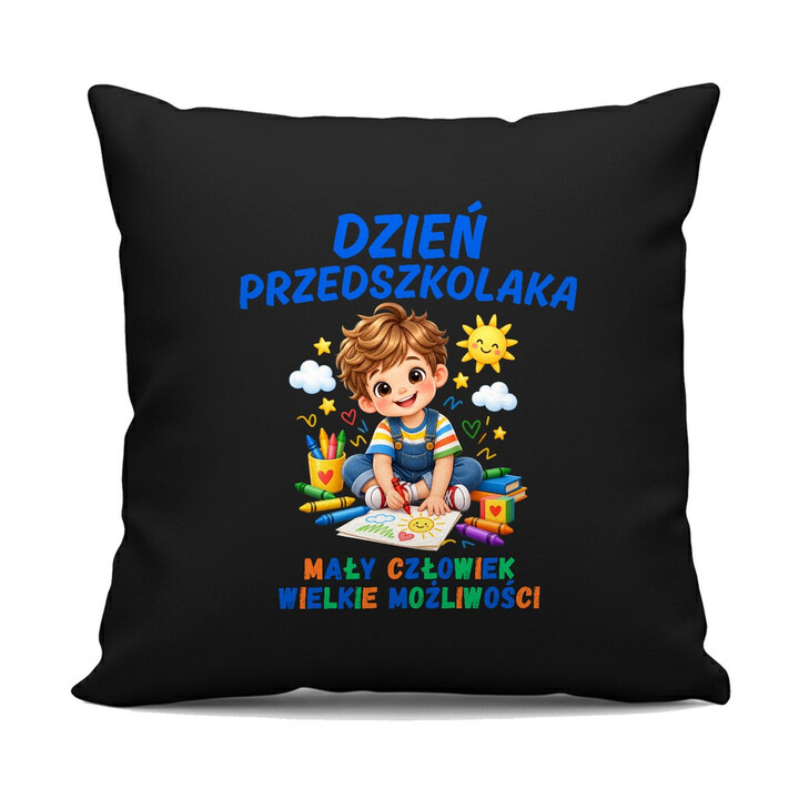 Mały człowiek wielkie możliwości - dzień przedszkolaka - czarna poduszka na prezent