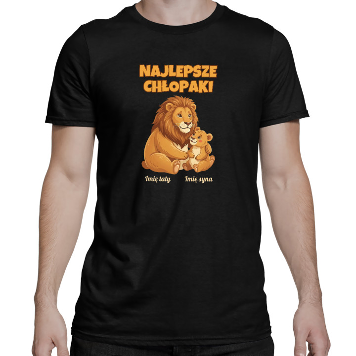 Komplet dla taty i syna - Najlepsze chłopaki - lwy z imionami - koszulki z nadrukiem - produkt personalizowany