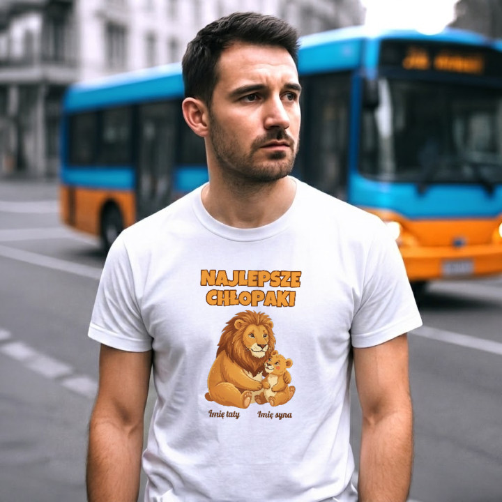 Komplet dla taty i syna - Najlepsze chłopaki - lwy z imionami - koszulki z nadrukiem - produkt personalizowany