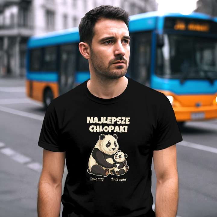 Komplet dla taty i syna - Najlepsze chłopaki - pandy z imionami - koszulki z nadrukiem - produkt personalizowany
