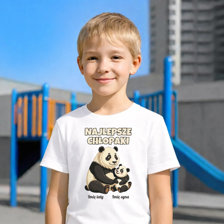 Komplet dla taty i syna - Najlepsze chłopaki - pandy z imionami - koszulki z nadrukiem - produkt personalizowany