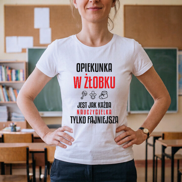 Opiekunka w żłobku jest jak każda nauczycielka, tylko fajniejsza - damska koszulka na prezent dla nauczycielki