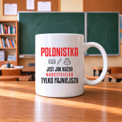 Polonistka jest jak każda nauczycielka, tylko fajniejsza - kubek na prezent dla nauczycielki