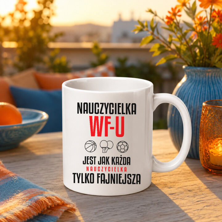 Nauczycielka WF-u jest jak każda nauczycielka, tylko fajniejsza - kubek na prezent dla nauczycielki