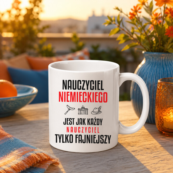 Nauczyciel niemieckiego jest jak każdy nauczyciel, tylko fajniejszy - kubek na prezent dla nauczyciela