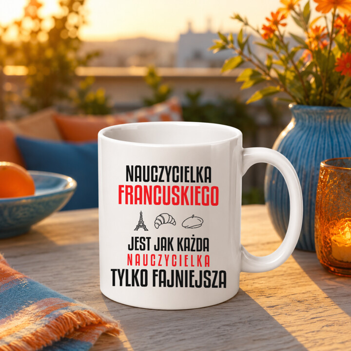 Nauczycielka francuskiego jest jak każda nauczycielka, tylko fajniejsza - kubek na prezent dla nauczycielki