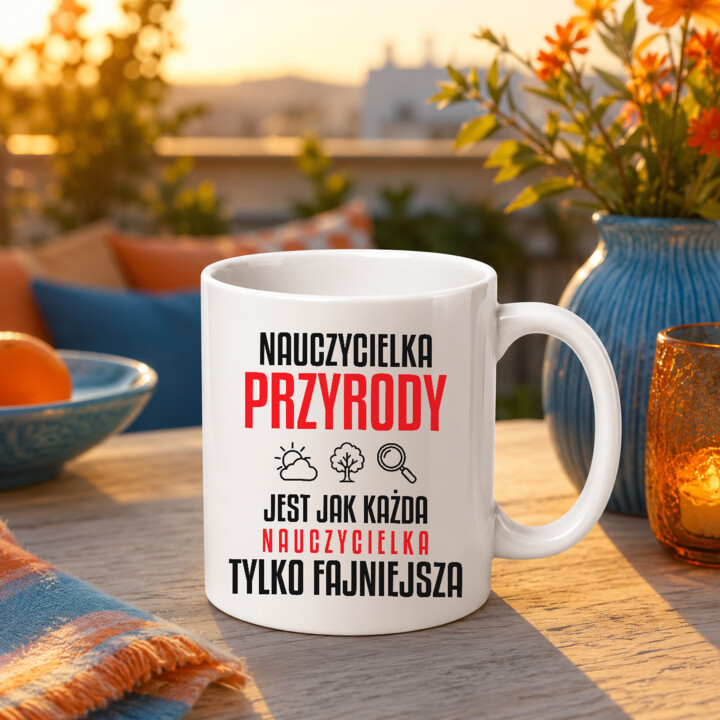 Nauczycielka przyrody jest jak każda nauczycielka, tylko fajniejsza - kubek na prezent dla nauczycielki