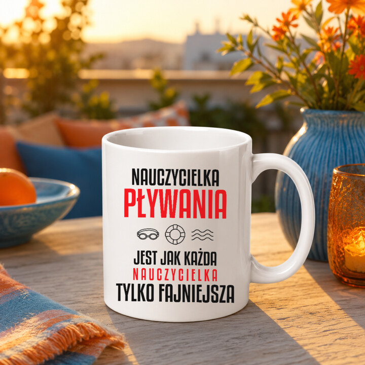 Nauczycielka pływania jest jak każda nauczycielka, tylko fajniejsza - kubek na prezent dla nauczycielki