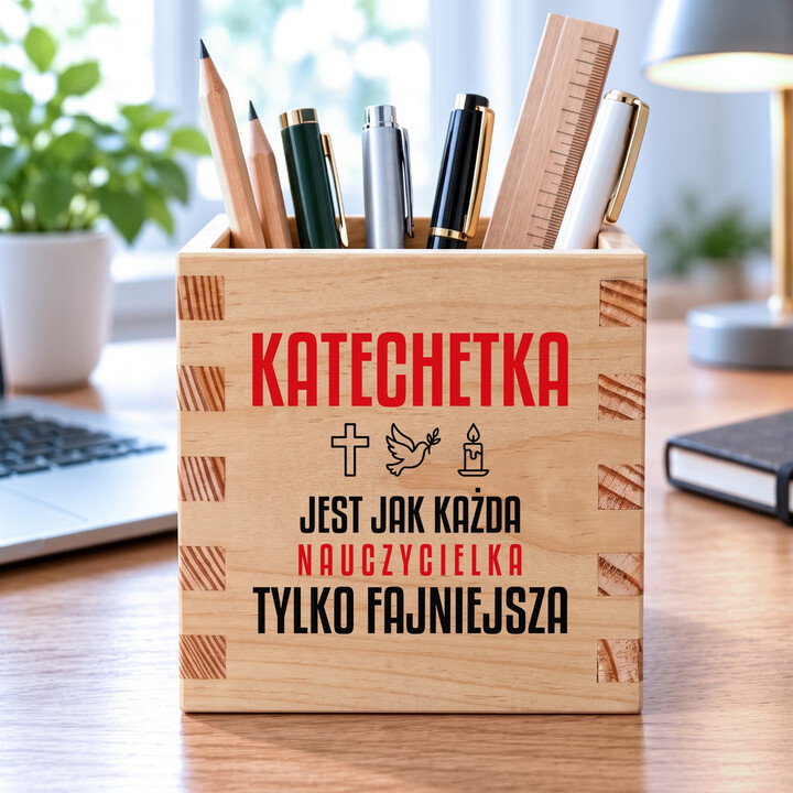 Katechetka jest jak każda nauczycielka, tylko fajniejsza - drewniany organizer na prezent dla nauczycielki