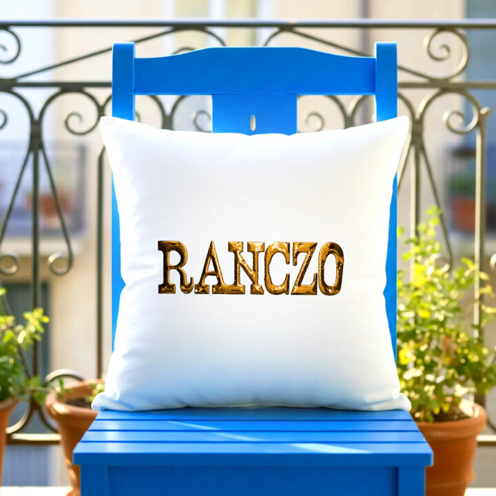 Złote logo Ranczo - biała poduszka na prezent dla fanów serialu
