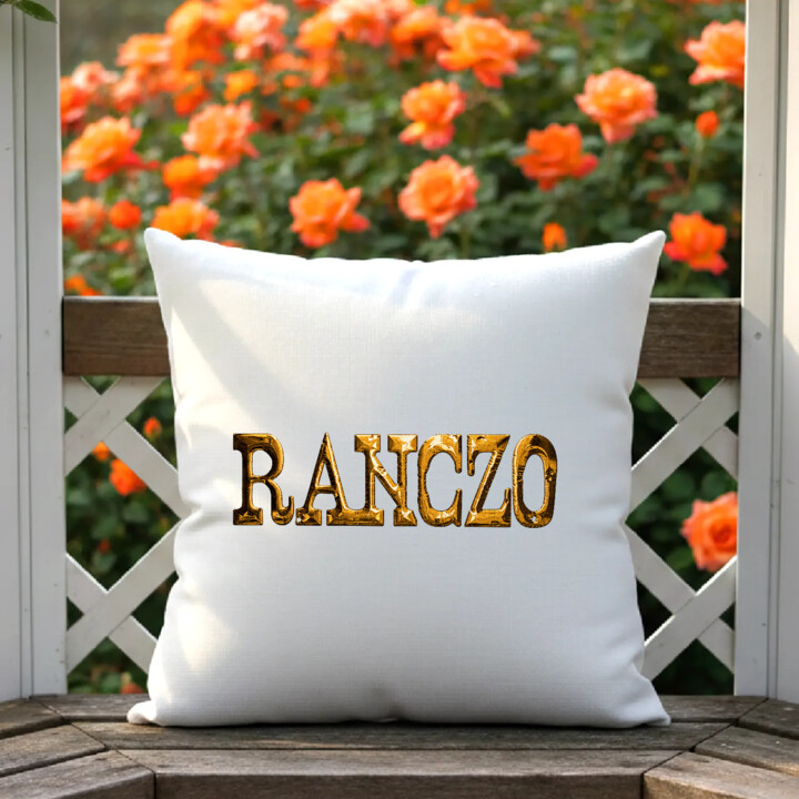 Złote logo Ranczo - biała poduszka na prezent dla fanów serialu
