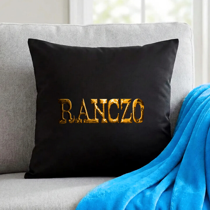 Złote logo Ranczo - czarna poduszka na prezent dla fanów serialu