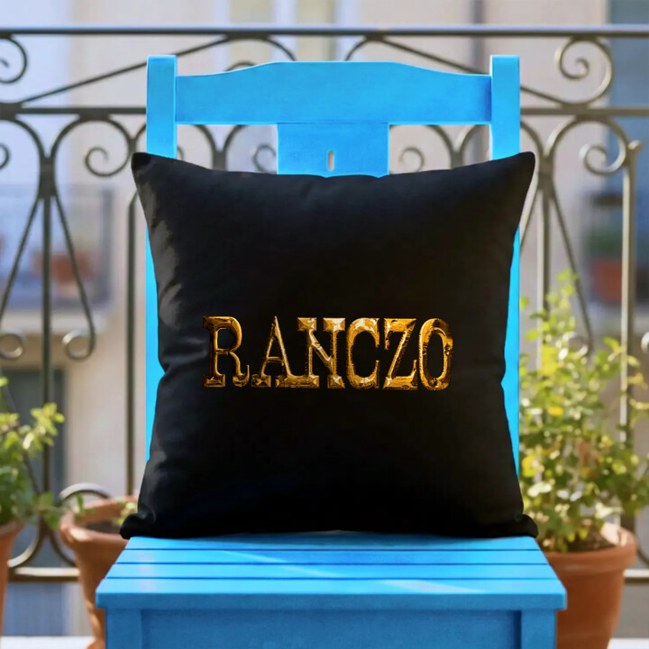 Złote logo Ranczo - czarna poduszka na prezent dla fanów serialu