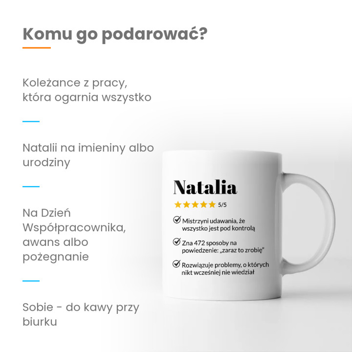 Natalia 5/5 - najlepsza współpracowniczka - kubek na prezent