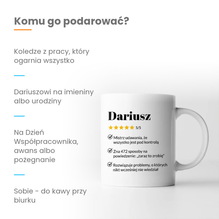 Dariusz 5/5 - najlepszy współpracownik - kubek na prezent