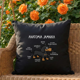 Anatomia jamnika - czarna poduszka na prezent