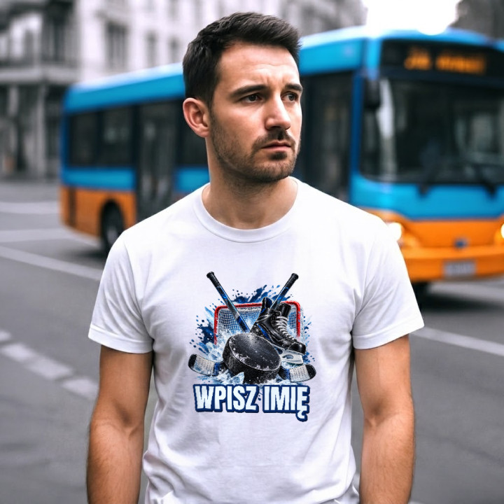 Hokej (imię) - krążek, kije i łyżwa - męska koszulka na prezent - produkt personalizowany